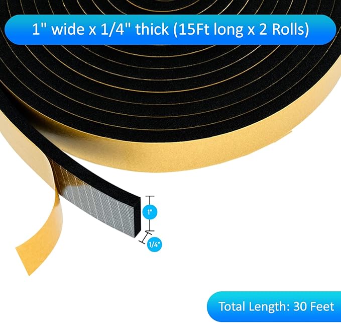 High Density Foam Weather Stripping Door Seal Strip Insulation Tape Roll for Insulating Door Frame, Window, Air Conditioner | Self Adhesive Sealing Weatherstrip (Black, 1 in x 1/4 in x 30 Ft)