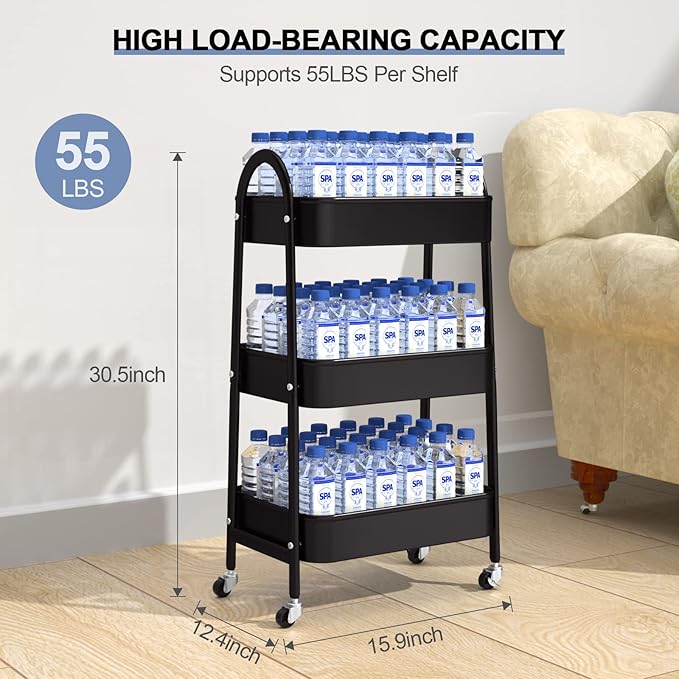 EAGMAK 3 Tier Utility Rolling Cart, Metal Storage Cart with Handle and Lockable Wheels, Multifunctional Storage Organizer Trolley with Mesh Baskets for Kitchen, Living Room, Office, Garage (Black)