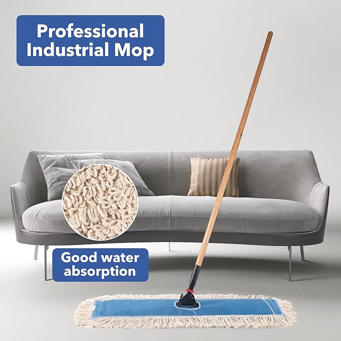 Matthew Cleaning 36'' Industrial Strength Cotton Dust Mop Refill Washable Replacement Heads for Residential & Commercial Use Fit Standard Dust Mop Frames, Hardwood, Concrete Floors Blue&White 12 Pack