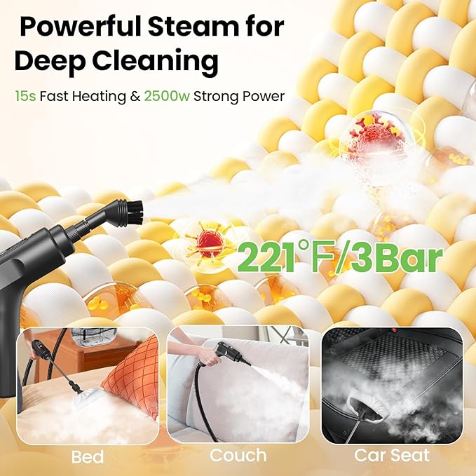 Handheld Steam Cleaner for Home, 2500W High Pressure Steam Cleaner for Car Detailing, 3 Steam Levels, 1600Ml Tank, High Heat Steamer for Bed Bugs, Couch, Furniture, Kitchen, Bathroom