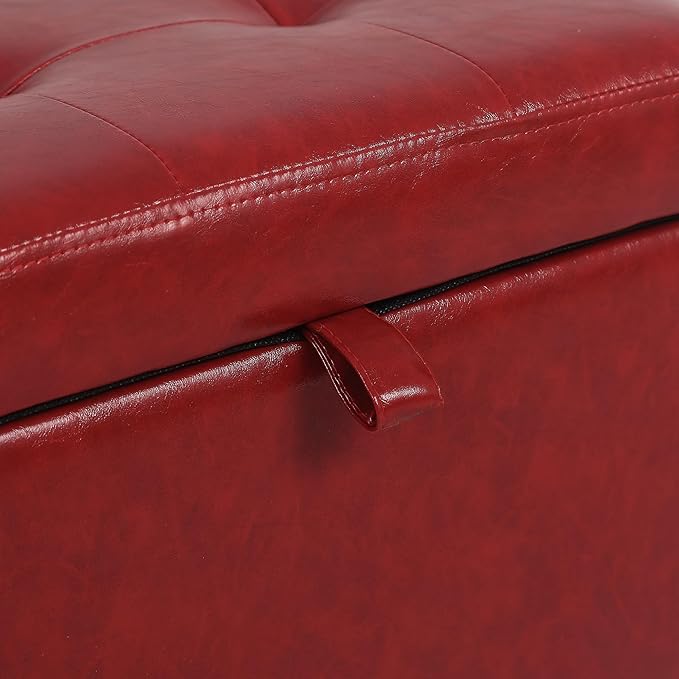 Adeco Faux Leather Storage Ottoman with Hinged Lid, 14 Inch High Red Square Cube Foot Stool with Storage, Upholstered Vanity Stool with Solid Wood Legs for Living Room, Bedroom, Dorm
