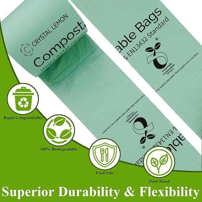 Crystal Lemon 30-Count Biodegradable 6 Gallon Bags, Heavy Duty and Unscented – Ideal for Kitchen, Bathroom, Yard, and Food Waste