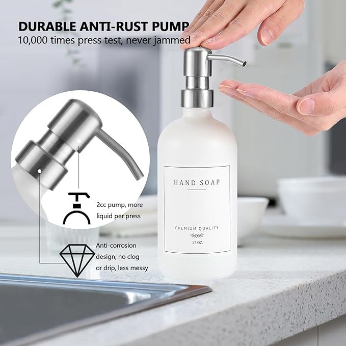 Thick Glass Soap Dispenser - Kitchen Dish Hand Soap Dispenser Set, Rustproof Pump Soap Lotion Dispenser Bathroom with Tray,14 Stickers for Kitchen Decor White Bottle/Silver Pump