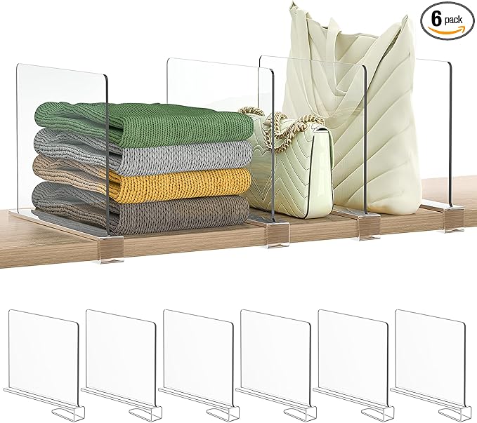 Shelf Dividers Purse Organizer for Closet: 6-Pack Acrylic Bag Storage Organizer for Handbags, Clutches, Clothes, Sweater, Towel on Wood Shelves