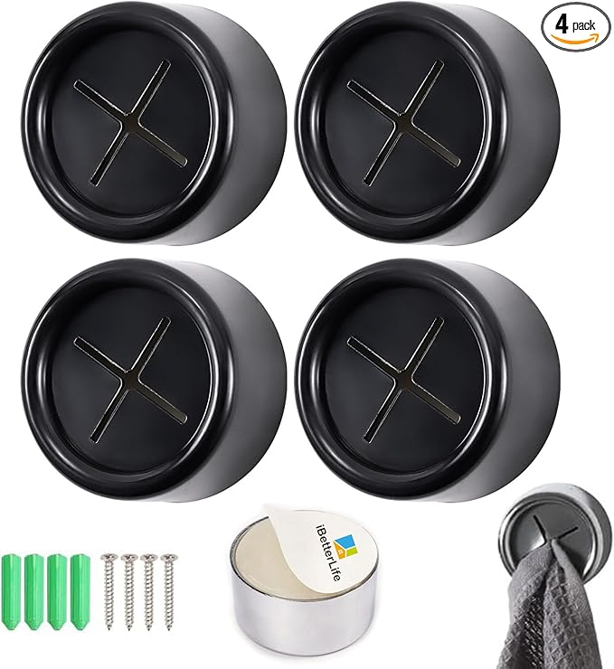 iBetterLife Adhesive Kitchen Towel Hooks - 4 Pack Dish Towel Holder for Cabinet, Push Hand Towel Hook, Dish Cloth Rag Holder for Home Bathrooms, Kitchens, Garages, RV, Within Easy Reach, Matte Black