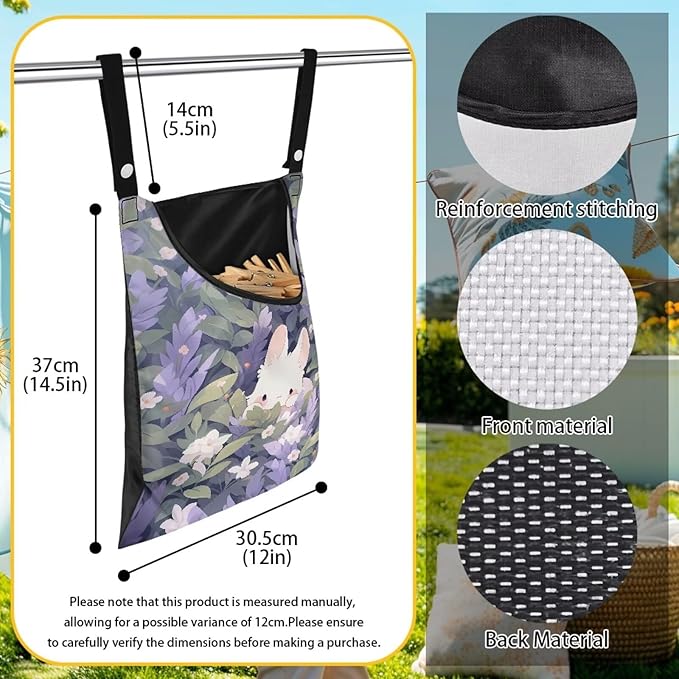 Clothespin Bag for Clothes Pin Holder for Outside and Clothes Line Pins, Clothes Pin Hanging Bag Fits Outdoor Laundry Clothesline - Rabbit and Floral