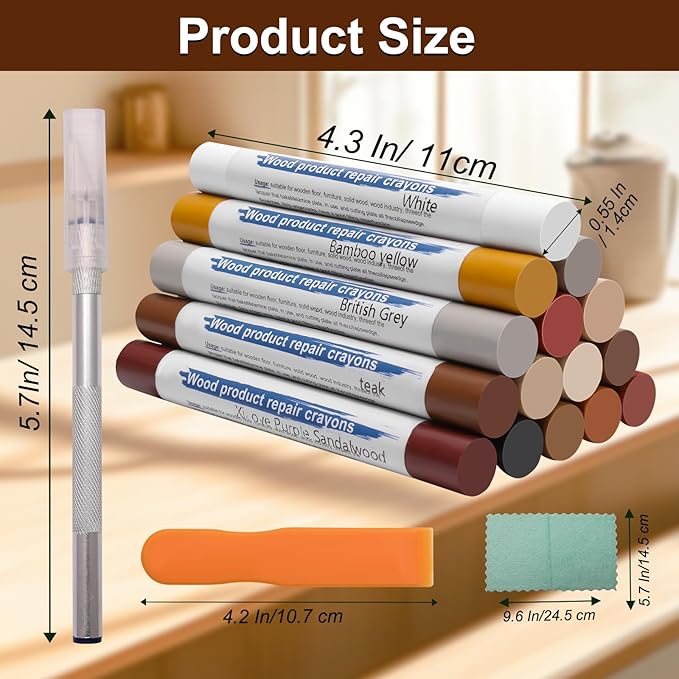 16+4P Wood Filler Sticks with 1P Box, 1P Knife, 1P Scraper and 1P Rag, Pletpet 16 Color Furniture Crayon Touch Up Wood Filler Nail Hole Wax Sticks for Repairing Scratches and Nail Holes (16p)