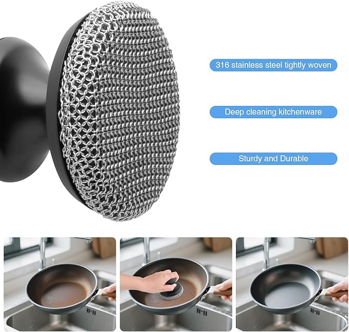 Cast Iron Scrubber Cleaner, Chainmail Scrubber for Cast Iron Pan Skillet, Dish Scouring Pad, Stainless Steel Brush/Scraper for Metal Skillet Scrubbing, Wok, Dutch Oven Cleaning Kit - Thin Mesh