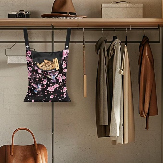 Waterproof Clothespin Bag with Hanger Hook Cherry Blossom Hummingbird - Large Opening Organizer for Balcony, Laundry Room & Apartment Use