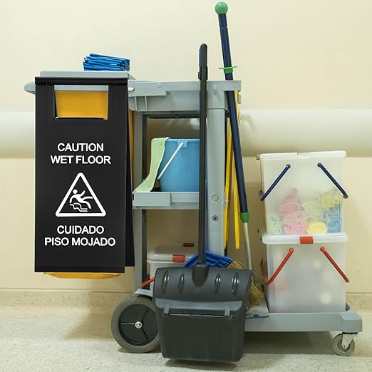 Kigley 2 Pcs Wet Floor Sign, 17 Inch Stainless Steel Caution Wet Floor Sign Double Sided Portable Foldable Bilingual Safety Warning for Hotel Market Restroom Restaurant Office (Black)