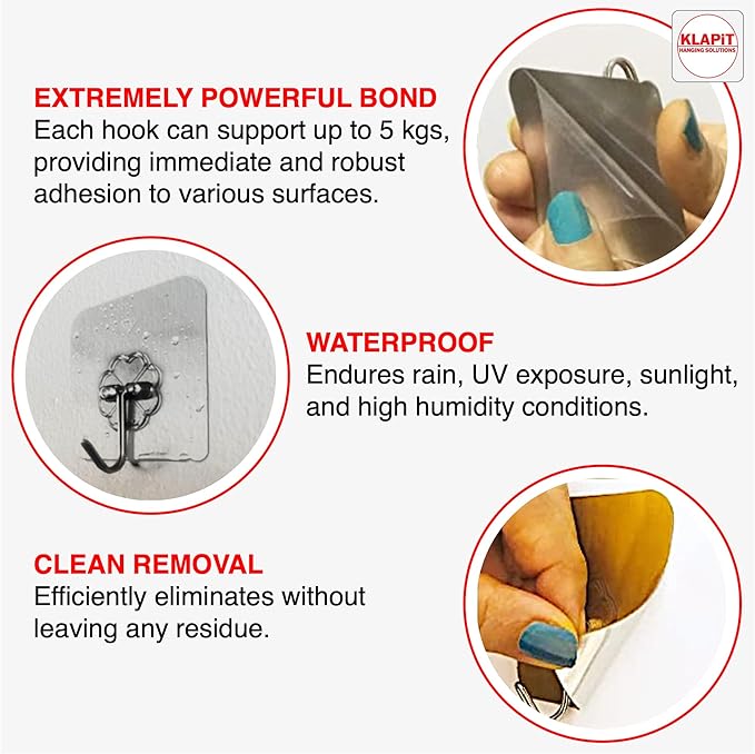 KLAPiT Super Hook - Heavy-Duty Adhesive Wall Hooks, Holds Up to 11 lbs, Waterproof, No Damage, Easy Install on Tile, Wood, Stone, Glass & Metal - Made of Steel (Clear, 4pc)