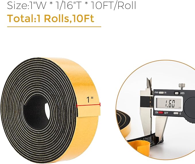 10 Feet Weather Stripping Door Seal, 1" Wide X 1/16" Thick Door Seal Strip High Density Foam Tape Adhesive Strip for Door Soundproofing,Window Insulation (1" x 1/16" x 10FT,Black)