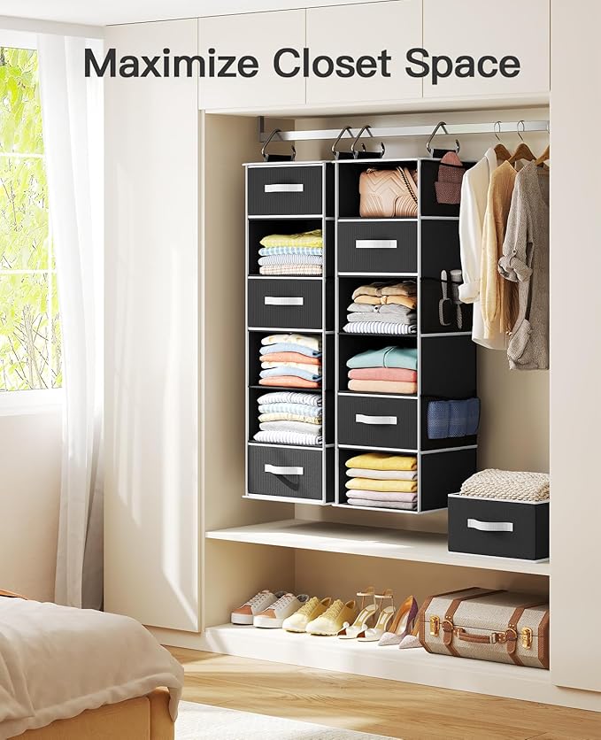 Pipishell Hanging Closet Organizer 6-Shelf, Hanging Shelves for Closet with 3 Removable Drawers & Side Pockets, Hanging Shelf Organizer for Bedroom or Garment Rack, 12'' x 12'' x 43.3'', Black