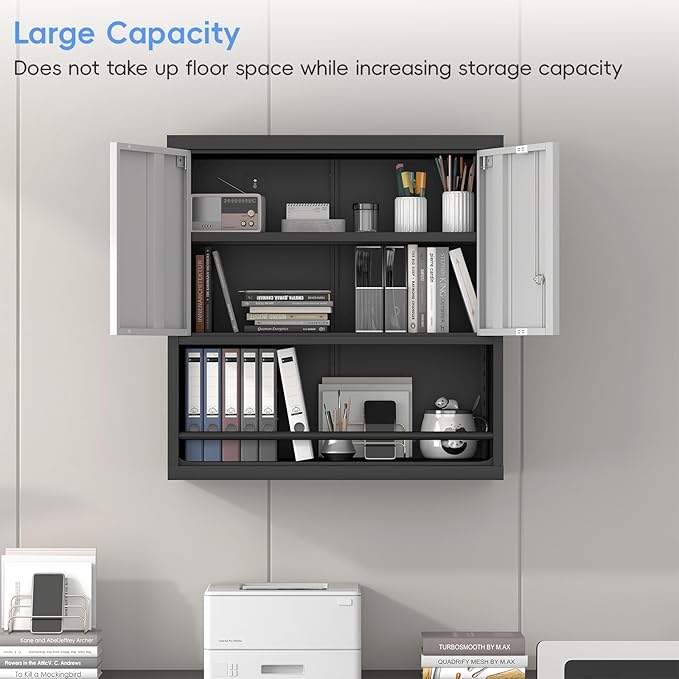 Metal Garage Cabinets, Lockable Storage Cabinet, Metal Cabinet with Open Storage, Upper Tool Cabinet for Basement, Wall Mounted Cabinets for Shop