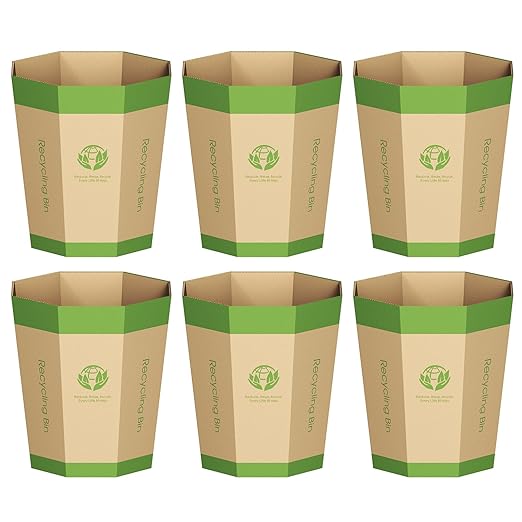 6-Pack Cardboard Trash Can – Foldable, Recyclable, Plastic-Free & Reusable Small Waste Paper Basket - Garbage Bin Perfect for Office, Bedrooms, Home, Events & Outdoor Activities (2.1 Gallon)