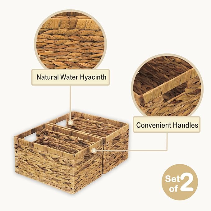Rectangular Storage Basket 2PCS Water Hyacinth Baskets,Hand-Woven Baskets with Handles,12.99x7.08x8.26″for Living Bedroom Organizing Shelves