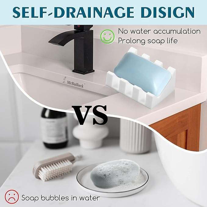 Silicone Soap Dish for Bar Soap Holder for Shower Bathroom Self Draining Waterfall Drying Tray Keep Soap Bars Dry Clean & Easy Cleaning (White, 1)