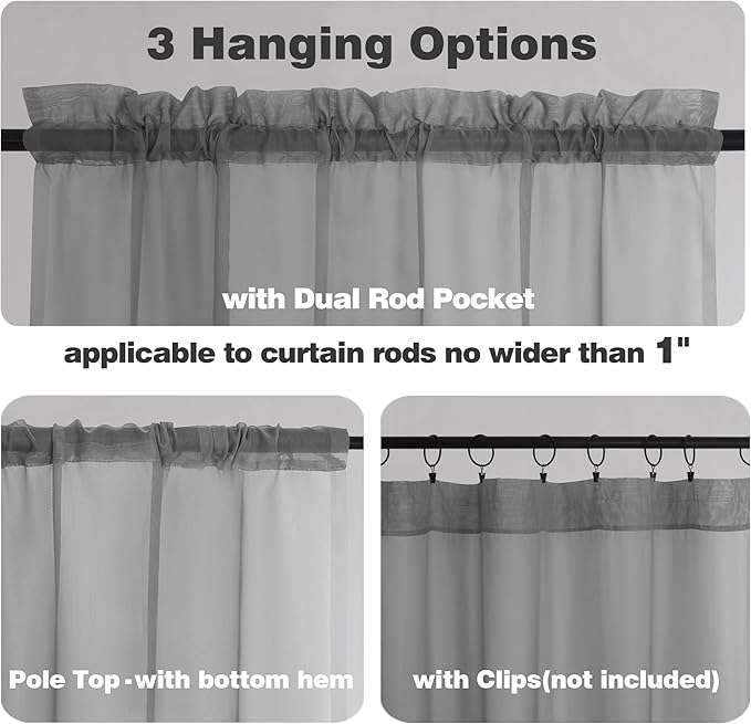 Chyhomenyc Sheer Charcoal Grey Valances for Windows 2 Pack, Small Window Curtains for Living Room Bathroom Cafe Laundry Basement, Modern Top Dual Rod Pocket Voile Curtain, 42W x 18L inches