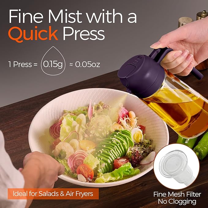 YARRAMATE 2Pcs 16oz/470ml Glass Olive Oil Sprayer for Cooking with Stickers, 2 in 1 Oil Dispenser for Kitchen Gadgets, Food Grade Premium Spray Bottle with Portion Control for Salad, BBQ(Black&Purple)