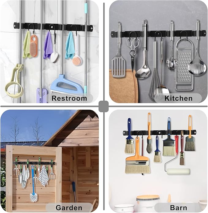 Mop Broom Holder Wall Mount, Black Stainless Steel Tool Storage Organizer for Kitchen Garden Garage Laundry Room Bathroom and RV with 4 Slots 6 Hooks