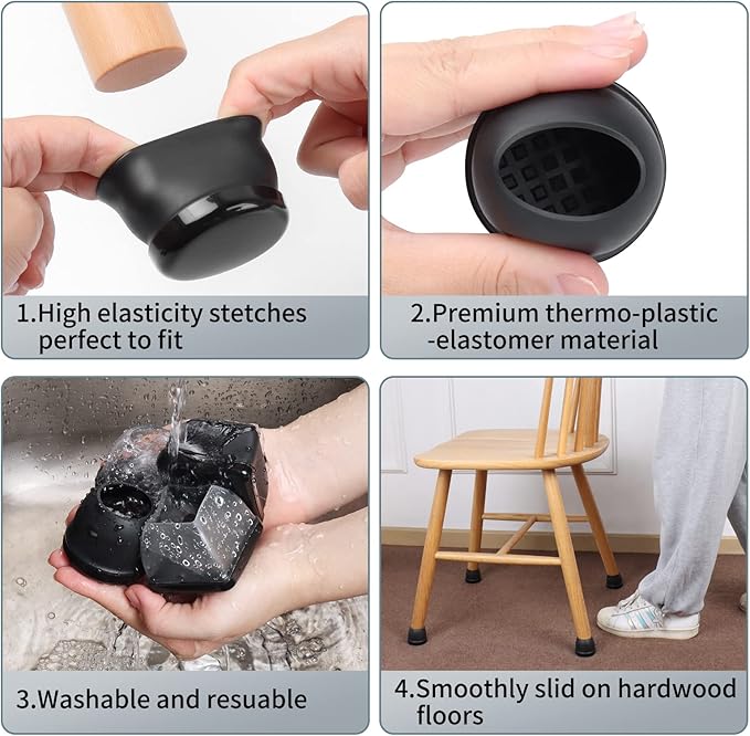 Ezprotekt 8 Pcs Large Black Chair Leg Sliders for Carpet, Round Chair Glides for Rug, Teflon Furniture Pad Bar Stool Leg Protectors Caps for Table, Couch, Desk Legs (XL Fit: 1-2/5" to 1-13/20")