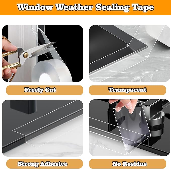 Transparent Window Weather Sealing Tape 2.76 Inch x 16.5 FT Weather Stripping Residue-Free Clear Window Insulation Caulk for Shower Glass Gaps and Clear Tape Doors Windows Windproof