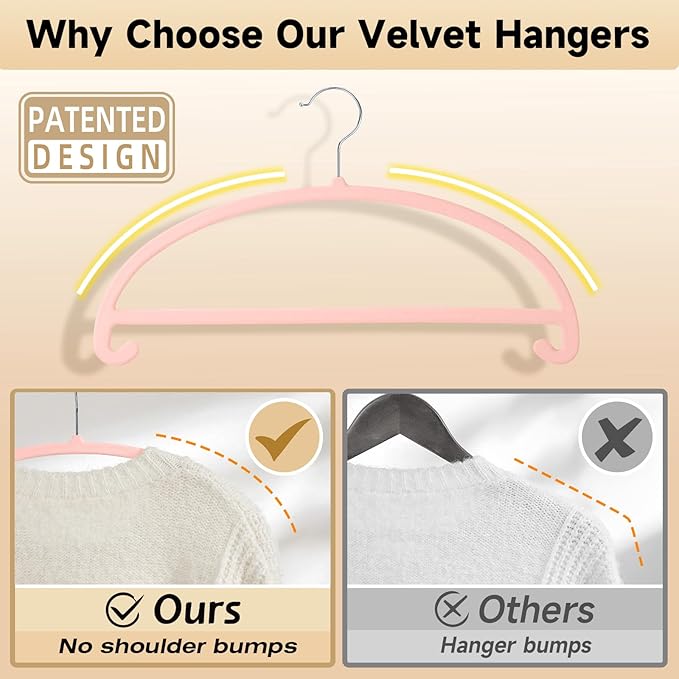 MIZGI 50 Pack Blush Pink Velvet Hangers - No Shoulder Bumps, Heavy Duty Non-Slip Chrome Hooks for Jackets, Coats, Pants