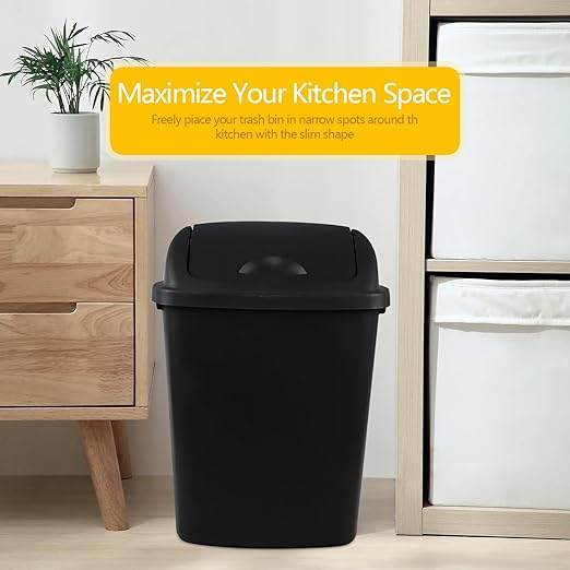 Zopnny 8 Gallon Plastic Swing Top Garag Bin, Lidded Wastebasket Trash Can for Kitchen or Workspace, Set of 4, Black