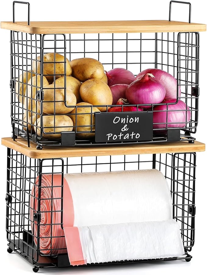 Upgrade Larger, Fit 13/30/33+ Gallon Trashbag Perfectly - 1 SET Stackable Trash Bag Holder with Tags & Bamboo Top, Garbage Bag Dispenser Stand, Kitchen Pantry Under Sink Laundry Room Organizer Basket