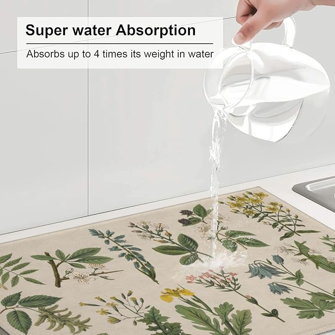 Vintage Color Plants Herbs Floral Microfiber Dish Drying Mat For Kitchen Countertop Xl Absorbent Reversible Drainer Rack Pad Extra Large 18 X 24 Inch