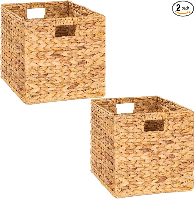 Storage Cube 10.5 x 10.5in, Wicker Storage Baskets for Shelves, Water Hyacinth Storage Baskets, Square Wicker Storage Basket (2 Packs 10.5in)