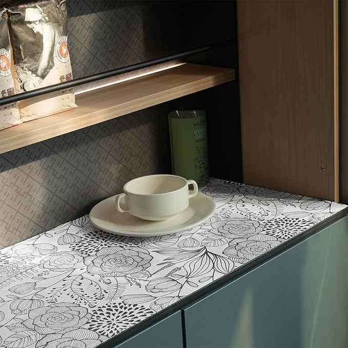 Floral Drawer and Shelf Liner for Kitchen 12IN x 20FT, Non-Adhesive and Strong Non-Slip Cabinet Drawer Liners, Waterproof Thickened Shelf Liner,Easy to Clean,Black and White