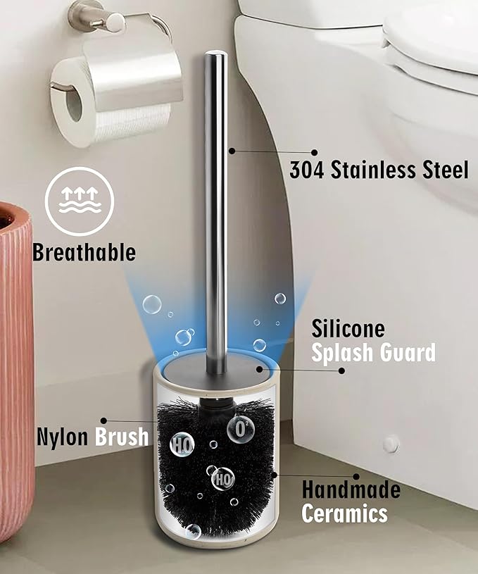 Ceramic Toilet Brush & Holder Set - Freestanding Deep-Cleaning Toilet Bowl Cleaner Brush, Stainless Steel Handle, Small & Sturdy for Storage, Easy to Clean, Non-Scratching