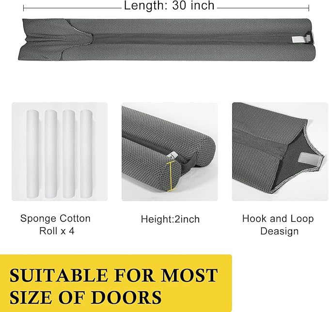 fowong 2 Pack Door Draft Stopper 30" Adjustable Under Door Noise Stopper for Bottom of Doors, Soundproofing Draft Guard, Grey