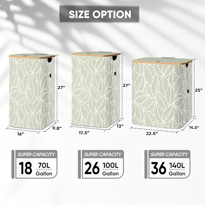 BALEINE Laundry Hamper with Lid, Tall Laundry Baskets with Bamboo Pull Handles, Large Laundry Bin with Internal Support (36 Gal/140L, Antique Foliage)