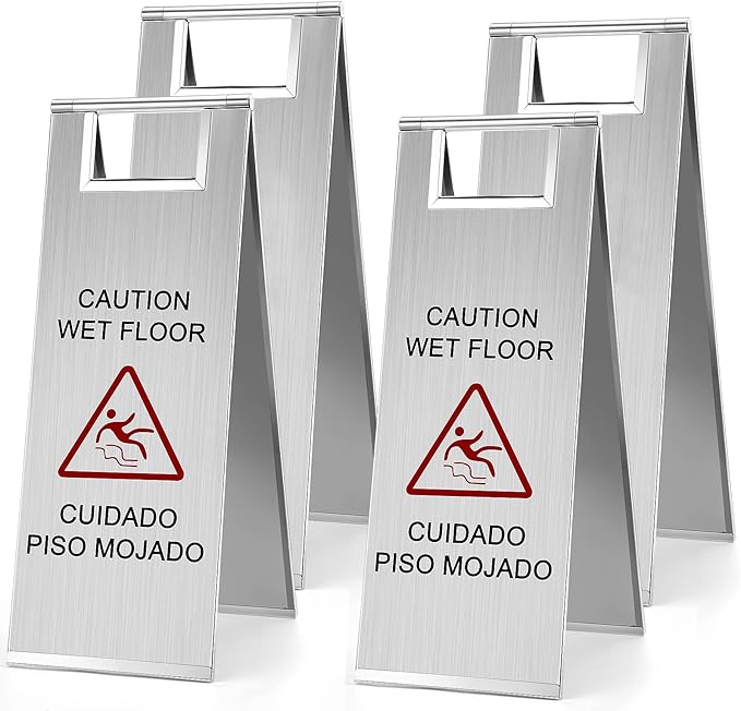 LEIFIDE 4 Pcs Stainless Steel Wet Floor Caution Sign Bulk 8.8 Pound Portable Foldable Handle Bilingual Safety Sign for Kitchen Restaurant Shop Commercial Use Avoid Fall and Slip Accident (Silver)
