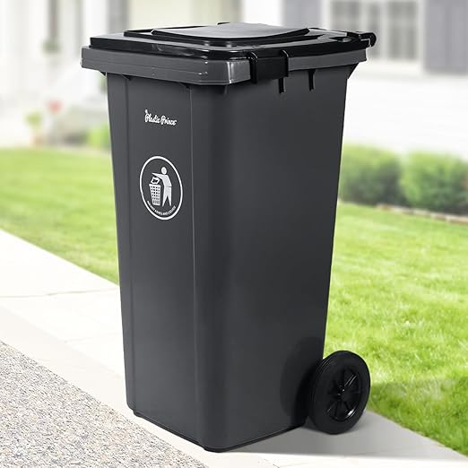 32 Gallon Trash Can with Wheels Outdoor Trash Can with Lid and Wheels Lockable Garbage Can Commercial Heavy-Duty Trash Bin Rolling, Plastic Gray