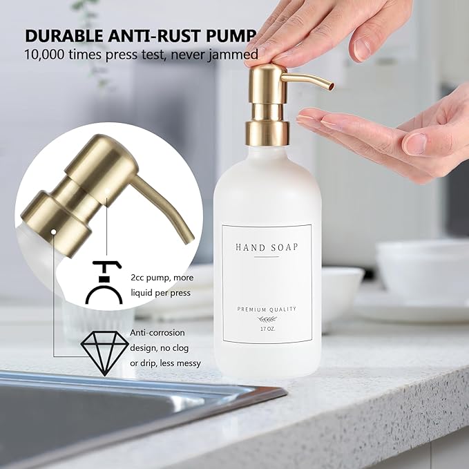 Thick Glass Soap Dispenser - Kitchen Dish Hand Soap Dispenser Set,Rustproof Pump Soap Lotion Dispenser Bathroom with Tray,14 Stickers for Kitchen Decor White Bottle/Gold Pump