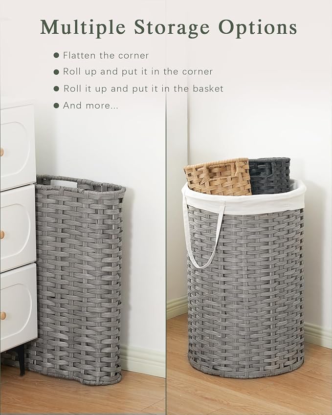 Laundry Basket Round Rattan Laundry Hamper 29.1 Gal (110 L) Handwoven Large Wicker Basket with Handles, Wicker Hamper with Removable Bags and 2 Mesh Bags for Bathroom Living Room Gray