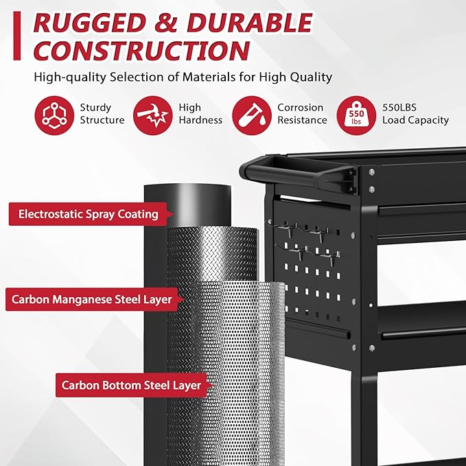 3 Tier Rolling Tool Cart on Wheels, Heavy Duty Service Cart Industrial Utility Cart with Drawer and Screwdriver Rack Pegboard, 550 LBS Mobile Tool Storage Organizer for Garage, Workshop(Black)