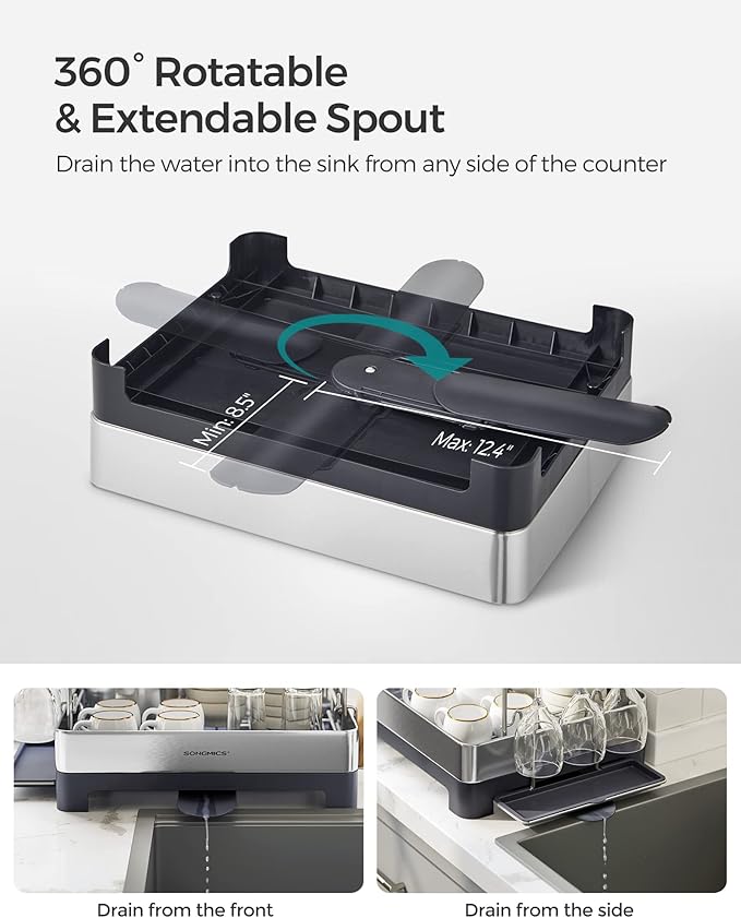 SONGMICS Dish Drying Rack - 2 Tier Dish Rack for Kitchen Counter with Rotatable and Extendable Drain Spout, Dish Drainer with Utensil, Cup, Glass, Cutting Board Holders, Silver and Gray UKCS032E01