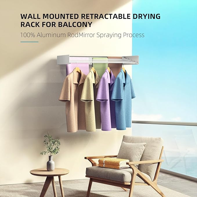 Laundry Drying Rack, Collapsible Wall Mounted Clothes Drying Rack - Foldable,Space Saving, 13.2 Linear Ft, 5 Aluminum Rods, 60 lb Capacity (White, 31.5)