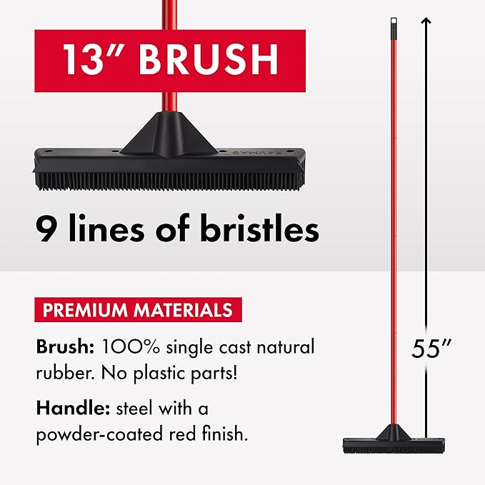 Pet Hair Remover Rubber Broom with Built in Squeegee - Carpet Rake for Pet Hair Removal on Hardwood Floor, Carpet & Tile - Picks Up More Dust & Debris - Rinse to Clean
