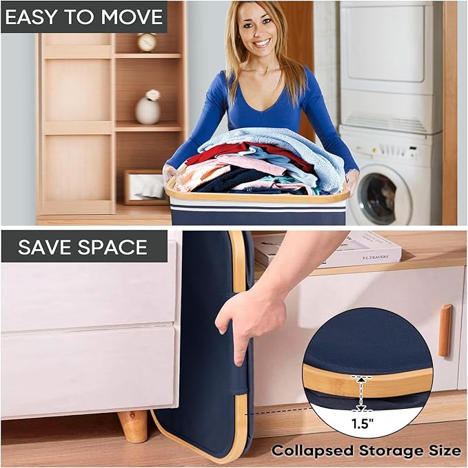 BALEINE Laundry Hamper with Lid, Tall Laundry Baskets with Bamboo Pull Handles, Large Laundry Bin with Internal Support (26 Gal/100L, Blue Stripe)