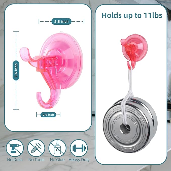 Antimbee Suction Cup Hooks,10 Pack Reusable Suction Cup Hangers,Removable Small Suction Cups for Shower,Bathroom,Glass,Door,Windows,Kitchen-Up to 11 lbs on Smooth Surface (Transparent Pink)