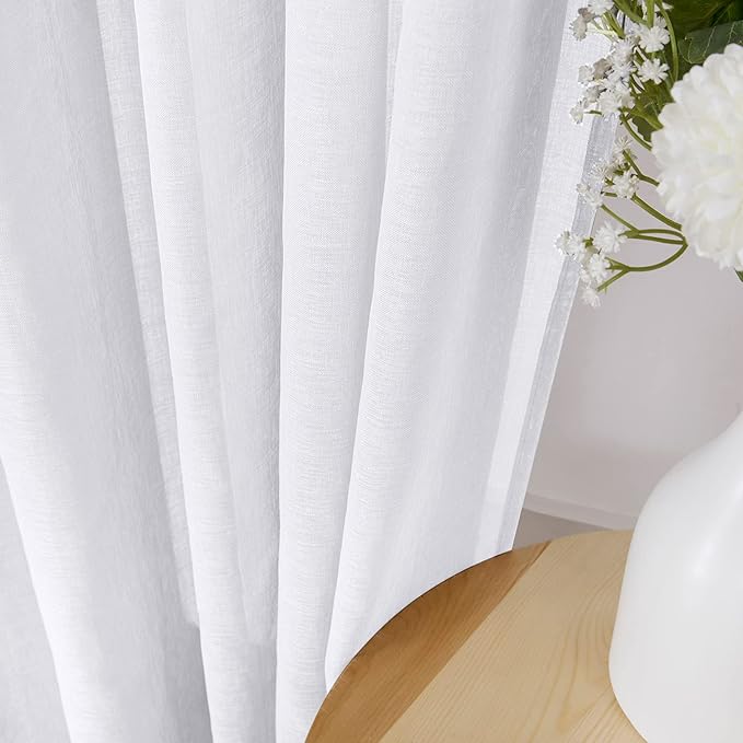 Tollpiz Short Sheer Tier Curtains Linen Textured Half Kitchen Curtain Sheers Light Filtering Rod Pocket Voile Small Curtain for Bathroom, 25 x 24 inches Long, White, Set of 2 Panels