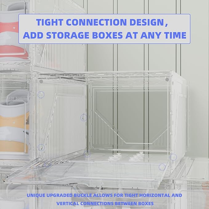 10 Pack Upgraded XX-Large Storage Organizer with Magnetic Door, New structure is more stable, Thicken & Sturdy Clear Stackable Interconnectable Shoe Box for Entryway, Closet, Under Bed
