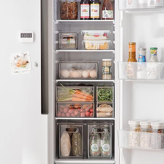 MineSign 4 pack Stackable Fridge Drawers Pull-Out Bins Divided Produce Saver Containers for Refrigerator Storage Organizers for Veggie Fruit Berry Pantry Cabinet Makeup Clothes