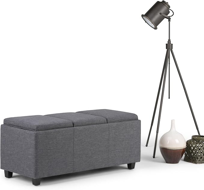SIMPLIHOME Avalon 42 Inch Wide Contemporary Rectangle Storage Ottoman in Slate Grey Linen Look Fabric, Assembled, For the Living Room, Entryway and Family Room