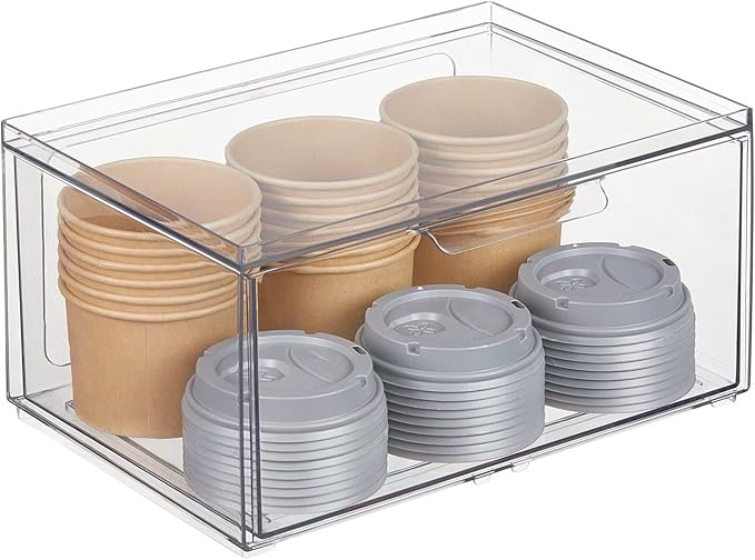 mDesign Plastic Wide Stackable Kitchen Storage Organizer Bin Containers with Front Pull Drawer for Cabinet, Pantry, Fridge, Freezer, Shelf, Refrigerator Organization, Lumiere Collection, 4 Pack, Clear
